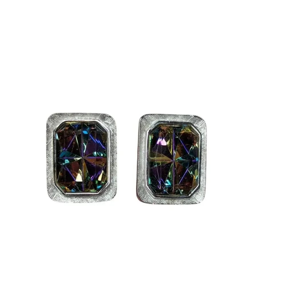 Vintage Silver toned large prizm square stone unsigned formal cufflinks mens